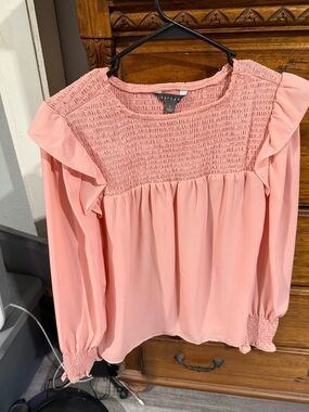 Sharagano Pink Smocked Yoke Ruffle Long-Sleeve Blouse